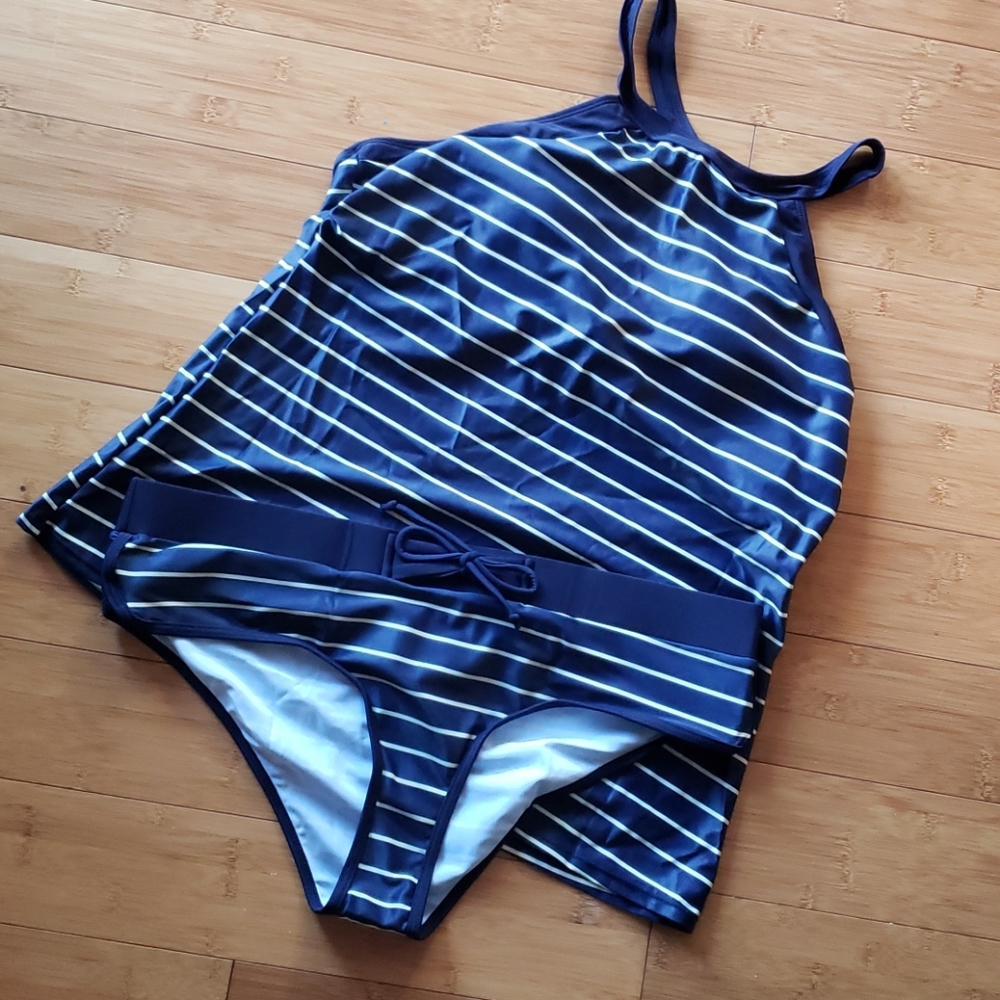 Navy and off white stripe two peice bathing suit